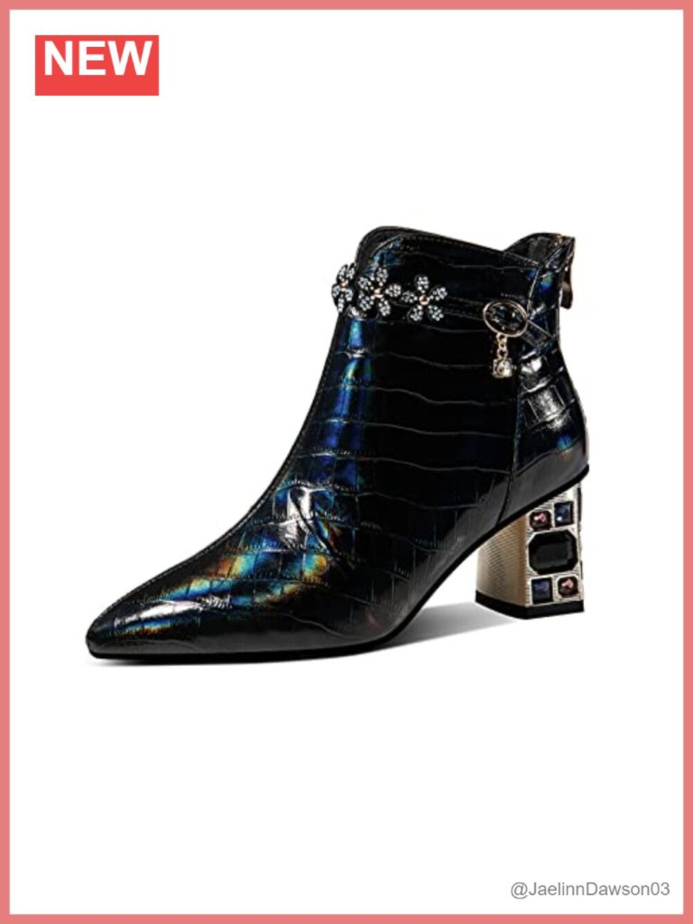 Genuine Leather Ankle Booties Pointed Toe Crystal Block Heel Zip Floral Belt